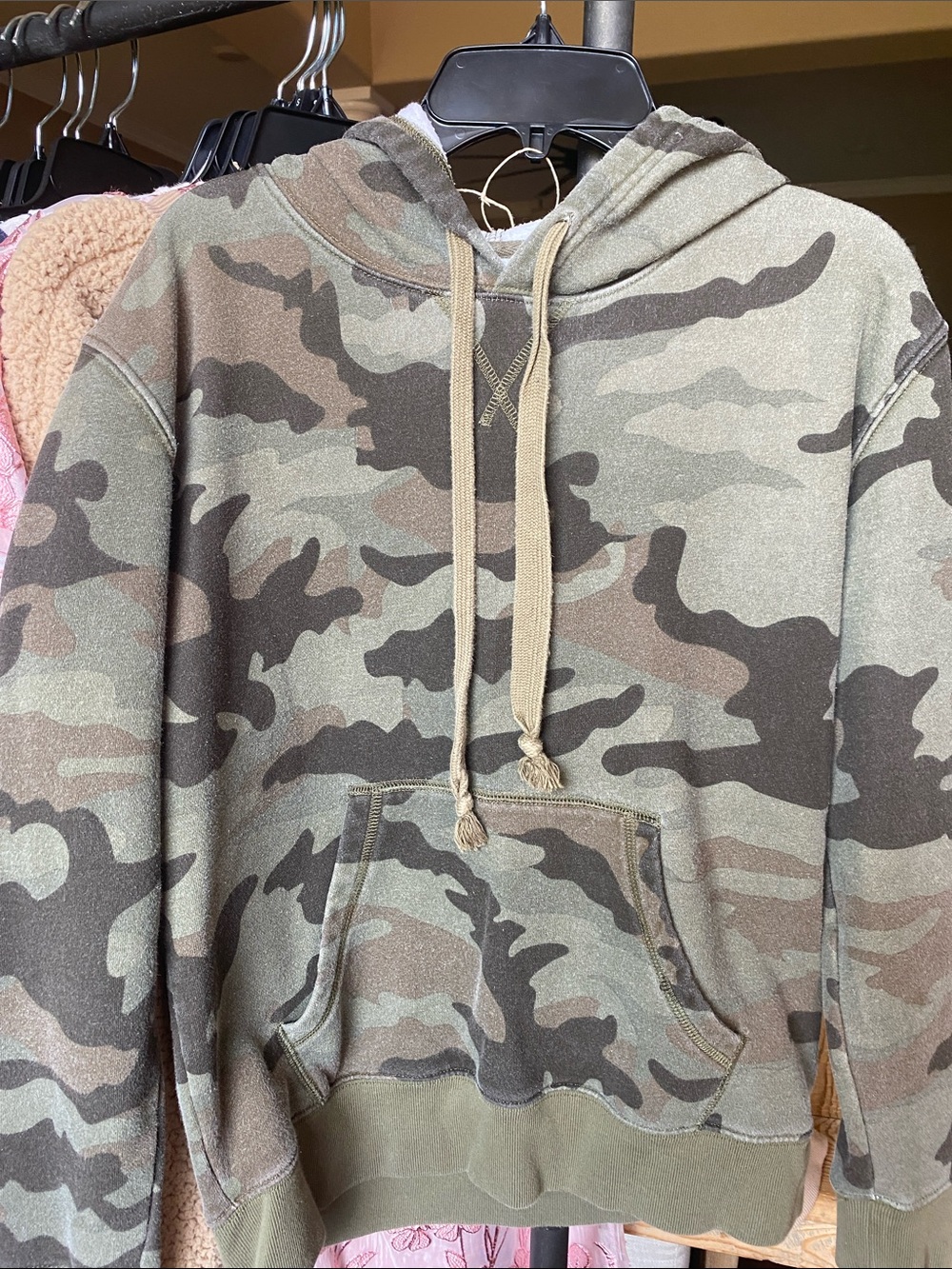 J. Crew Camo Pullover Hoodie in Olive and Brown